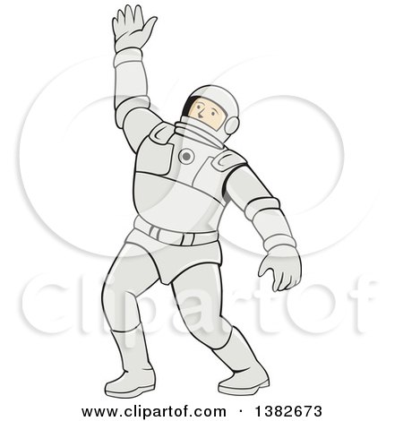 Clipart of a Cartoon Waving Male Astronaut in a Space Suit - Royalty Free Vector Illustration by patrimonio