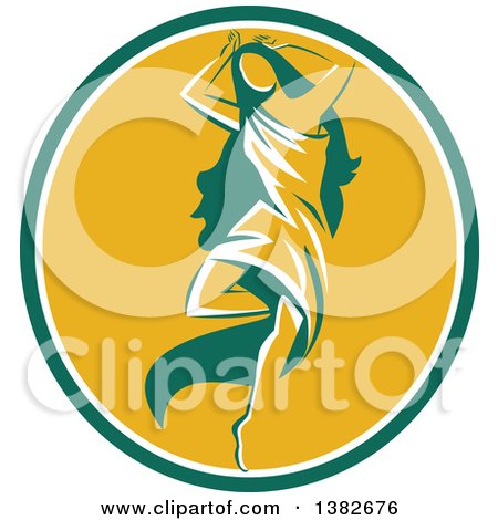 Clipart of a Retro Woman, Aphrodite, Dancing a Pirouette in a Green White and Yellow Oval - Royalty Free Vector Illustration by patrimonio