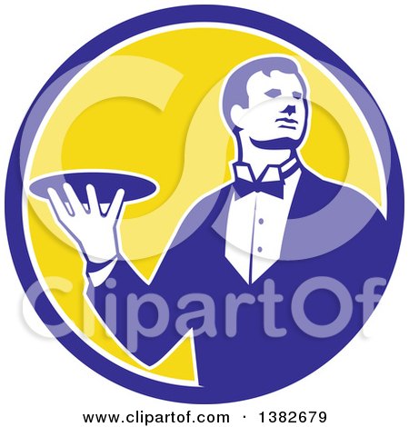 Clipart of a Retro Male Butler Holding a Plate Inside a Blue White and Yellow Circle - Royalty Free Vector Illustration by patrimonio
