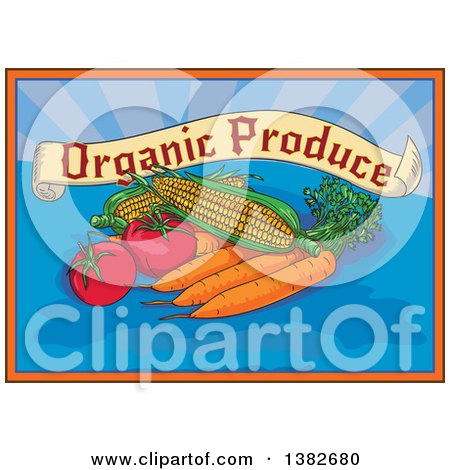 Clipart of a Watercolor Styled Organic Produce Sign with Vegetables over Blue - Royalty Free Vector Illustration by patrimonio