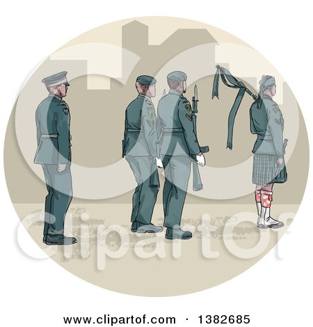 Clipart of a Watercolor Styled Group of Soldiers and a Bagpiper Wearing a Kilt - Royalty Free Vector Illustration by patrimonio