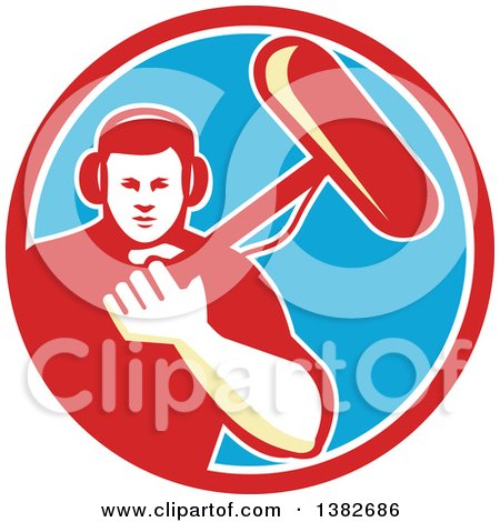 Clipart of a Retro White Male Film Crew Sound Man in a Red White and Blue Circle - Royalty Free Vector Illustration by patrimonio