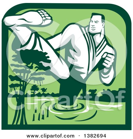 Clipart of a Retro Male Marital Arts Fighter Kicking and Wading in a Swamp Inside a Green Frame - Royalty Free Vector Illustration by patrimonio