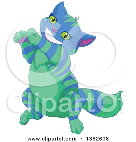 Clipart of a Grinning Striped Blue and Green Cheshire Cat Dancing - Royalty Free Vector Illustration by Pushkin