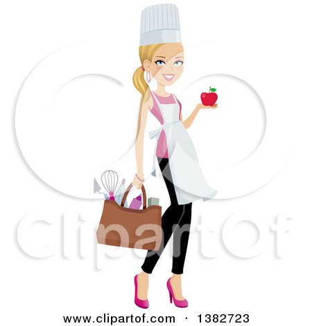 Clipart of a Blond Caucasian Chef Woman Carrying a Bag of Utensils and Holding a Red Apple in One Hand - Royalty Free Vector Illustration by Monica