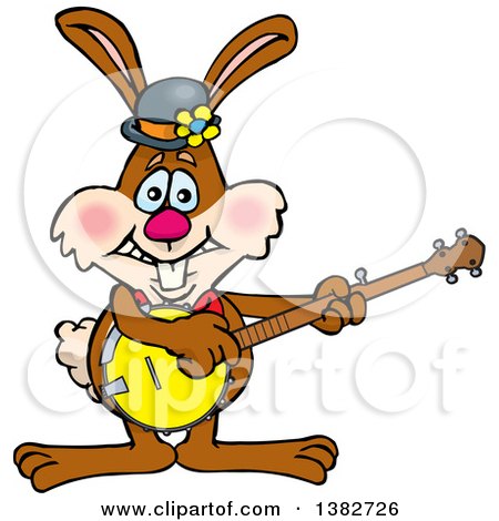 Clipart of a Happy Brown Easter Bunny Rabbit Playing a Banjo - Royalty Free Vector Illustration by Dennis Holmes Designs