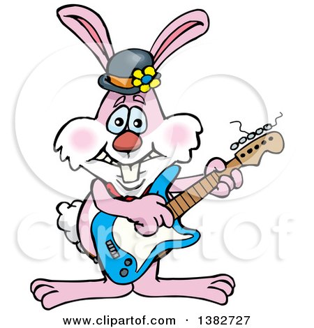 Clipart of a Happy Pink Easter Bunny Rabbit Playing an Electric Guitar - Royalty Free Vector Illustration by Dennis Holmes Designs