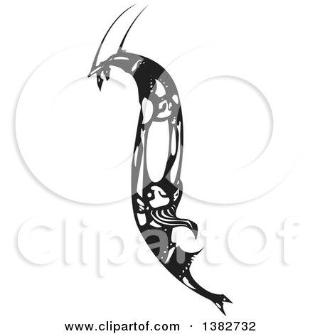 Clipart of a Black and White Woodcut Woman and Man Swinging on a Circus Trapeze - Royalty Free Vector Illustration by xunantunich