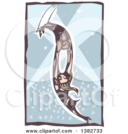 Clipart of a Woodcut Couple Swinging on a Circus Trapeze over a Circus Crowd and Spot Lights - Royalty Free Vector Illustration by xunantunich