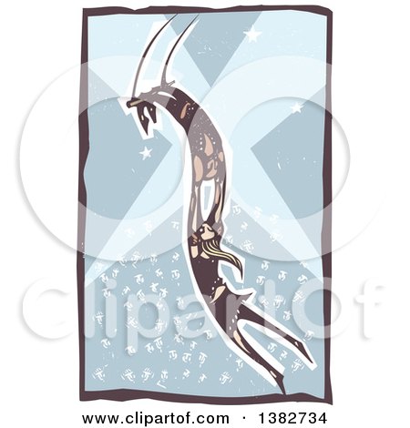 Clipart of a Woodcut Woman and Man Swinging on a Circus Trapeze over a Circus Crowd and Spot Lights - Royalty Free Vector Illustration by xunantunich