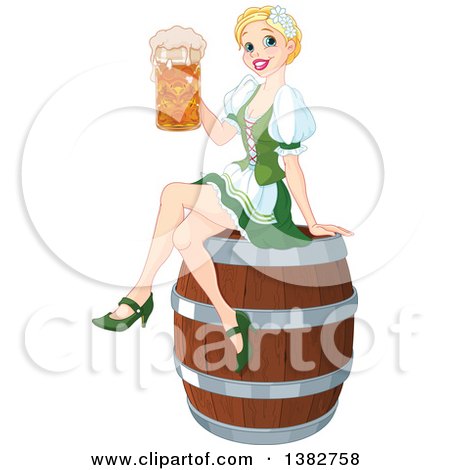 Clipart of a Happy Blond Oktoberfest or St Patricks Day Beer Maiden Woman Sitting on a Keg Barrel and Holding a Mug - Royalty Free Vector Illustration by Pushkin