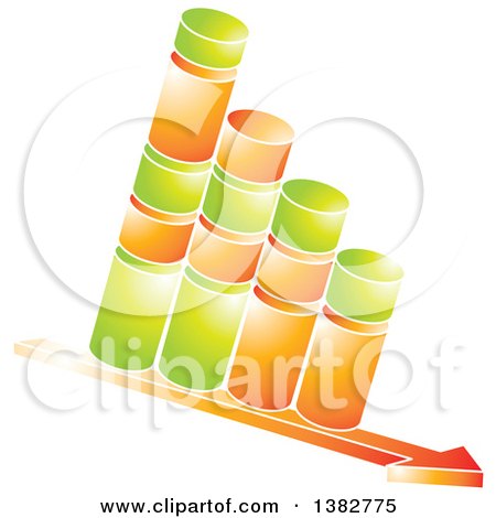Clipart of a 3d Green and Orange Shiny Bar Graph Made of Cylinders on a Decline Arrow - Royalty Free Vector Illustration by MilsiArt