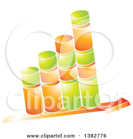 Clipart of a 3d Green and Orange Shiny Bar Graph Made of Cylinders on a Growth Arrow - Royalty Free Vector Illustration by MilsiArt