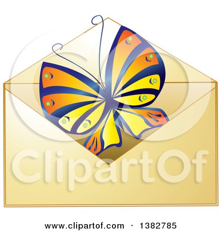 Clipart of a Golden Envelope with a Butterfly - Royalty Free Vector Illustration by MilsiArt