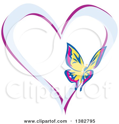 Clipart of a Butterfly on a Blue and Purple Love Heart - Royalty Free Vector Illustration by MilsiArt