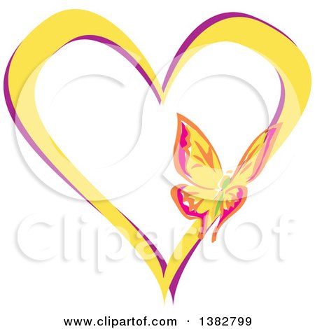 Clipart of a Butterfly on a Yellow and Purple Love Heart - Royalty Free Vector Illustration by MilsiArt