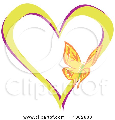 Clipart of a Butterfly on a Green and Purple Love Heart - Royalty Free Vector Illustration by MilsiArt