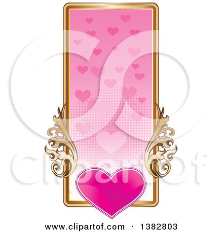 Clipart of a Valentines Day Website Banner Header with a Pink Heart, Gold Frame and Ornate Floral Scrolls - Royalty Free Vector Illustration by MilsiArt