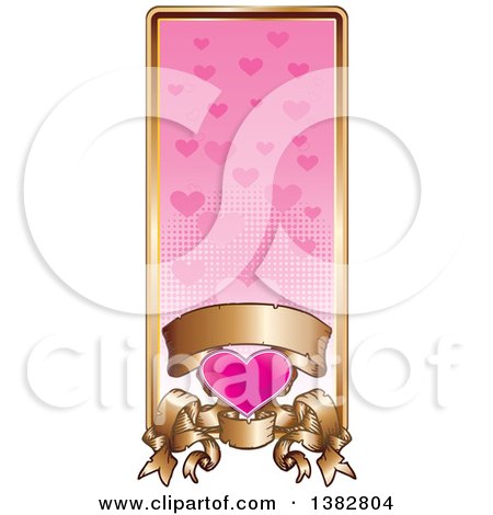 Clipart of a Valentines Day Website Banner Header with a Pink Heart, Gold Frame and Ornate Floral Scrolls - Royalty Free Vector Illustration by MilsiArt