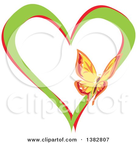 Clipart of a Butterfly on a Green and Red Love Heart - Royalty Free Vector Illustration by MilsiArt