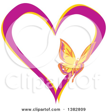 Clipart of a Butterfly on a Purple and Yellow Love Heart - Royalty Free Vector Illustration by MilsiArt