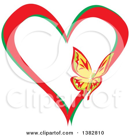 Clipart of a Butterfly on a Red and Green Love Heart - Royalty Free Vector Illustration by MilsiArt