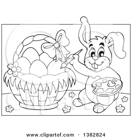 Clipart of a Black and White Lineart Happy Easter Bunny Rabbit Painting Eggs in a Basket - Royalty Free Vector Illustration by visekart