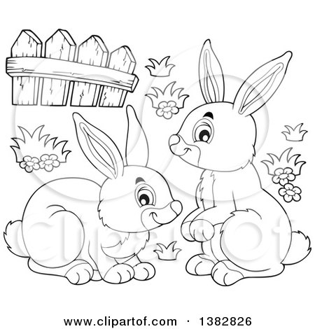 Clipart of Black and White Lineart Happy Bunny Rabbits - Royalty Free Vector Illustration by visekart