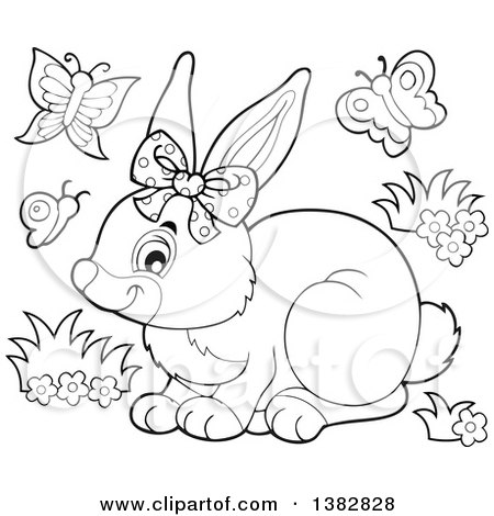 Clipart of a Happy Bunny Rabbit Wearing a Bow, Surrounded by Spring Butterflies - Royalty Free Vector Illustration by visekart