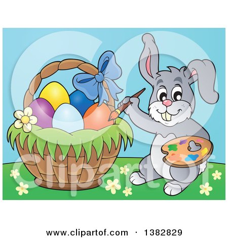 Clipart of a Happy Gray Easter Bunny Rabbit Painting Eggs in a Basket - Royalty Free Vector Illustration by visekart