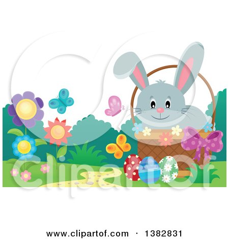 Clipart of a Happy Gray Easter Bunny Rabbit in a Basket of Eggs, with Spring Flowers and Butterflies - Royalty Free Vector Illustration by visekart
