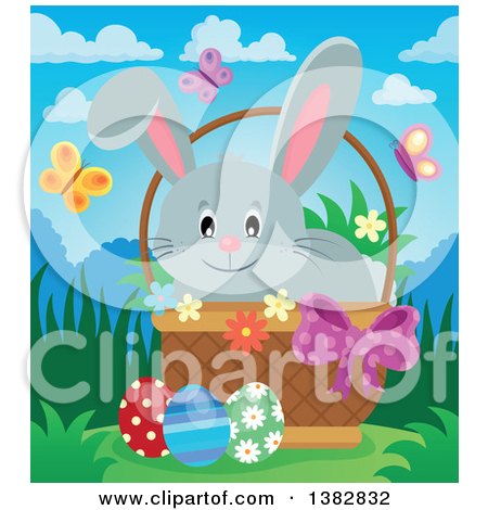 Clipart of a Happy Gray Easter Bunny Rabbit in a Basket of Eggs, with Spring Flowers and Butterflies on a Sunny Day - Royalty Free Vector Illustration by visekart