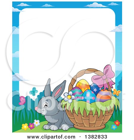 Clipart of a Happy Gray Easter Bunny Rabbit by a Basket of Eggs - Royalty Free Vector Illustration by visekart