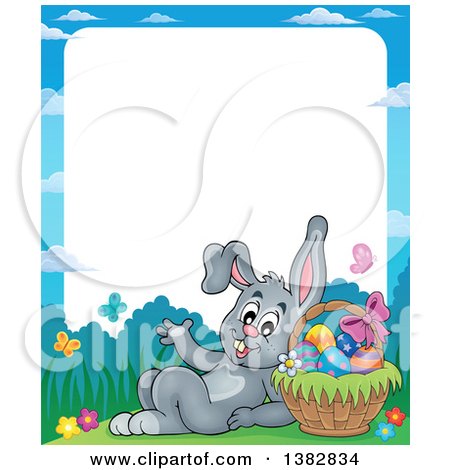Clipart of a Border of a Happy Gray Easter Bunny Rabbit Leaning Against a Basket of Eggs - Royalty Free Vector Illustration by visekart