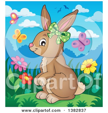 Clipart of a Happy Brown Bunny Rabbit Wearing a Bow, Surrounded by Spring Butterflies - Royalty Free Vector Illustration by visekart