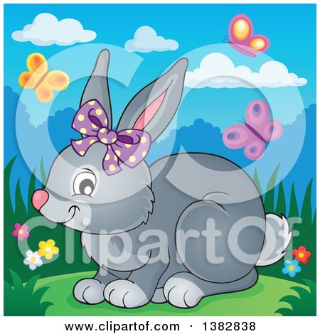 Clipart of a Happy Gray Bunny Rabbit Wearing a Bow, Surrounded by Spring Butterflies - Royalty Free Vector Illustration by visekart