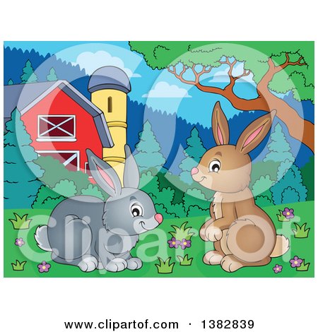 Clipart of Happy Brown and Gray Bunny Rabbits in a Barn Yard - Royalty Free Vector Illustration by visekart