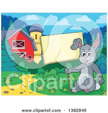 Clipart of a Happy Gray Bunny Rabbit Holding a Blank Sign in a Barn Yard - Royalty Free Vector Illustration by visekart