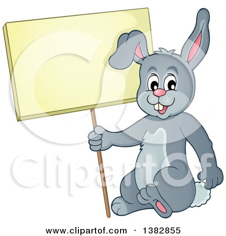 Clipart of a Happy Gray Bunny Rabbit Holding a Blank Sign - Royalty Free Vector Illustration by visekart