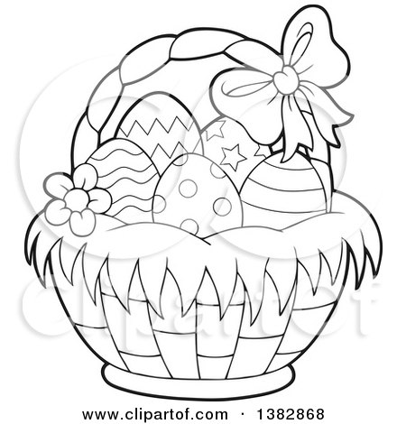 Clipart of a Black and White Lineart Basket of Easter Eggs - Royalty Free Vector Illustration by visekart