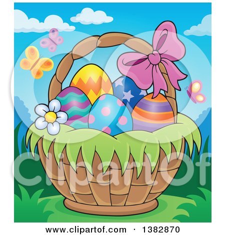 Clipart of a Basket of Easter Eggs Outdoors with Butterflies - Royalty Free Vector Illustration by visekart