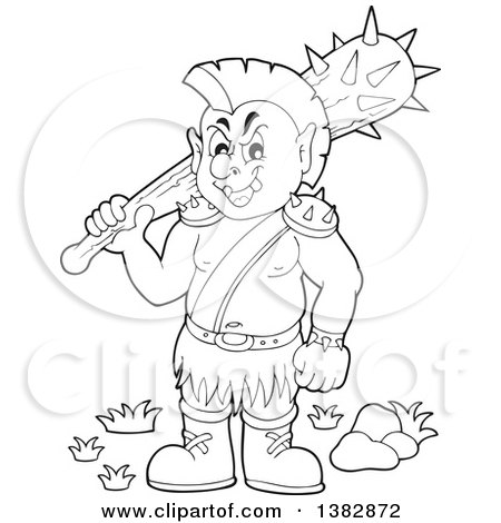 Clipart of a Black and White Lineart Orc Holding a Club over His Shoulder - Royalty Free Vector Illustration by visekart