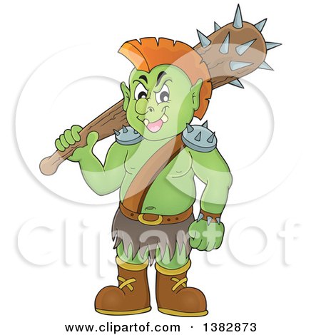 Clipart of a Green Orc Holding a Club over His Shoulder - Royalty Free Vector Illustration by visekart
