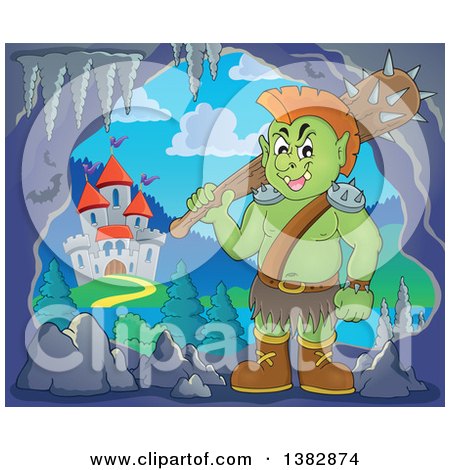 Clipart of a Green Orc Holding a Club over His Shoulder in a Cave near a Castle - Royalty Free Vector Illustration by visekart