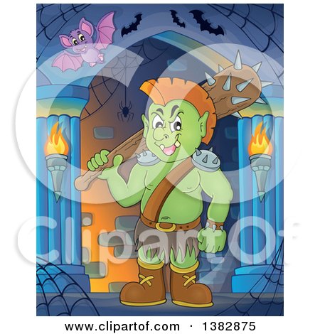Clipart of a Green Orc Holding a Club over His Shoulder in a Hallway - Royalty Free Vector Illustration by visekart