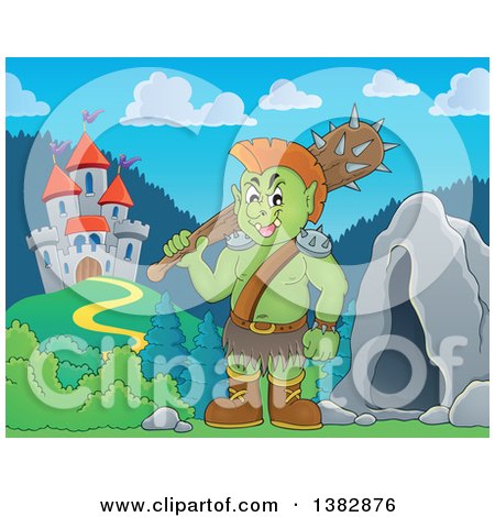 Clipart of a Green Orc Holding a Club over His Shoulder by a Cave and Castle - Royalty Free Vector Illustration by visekart