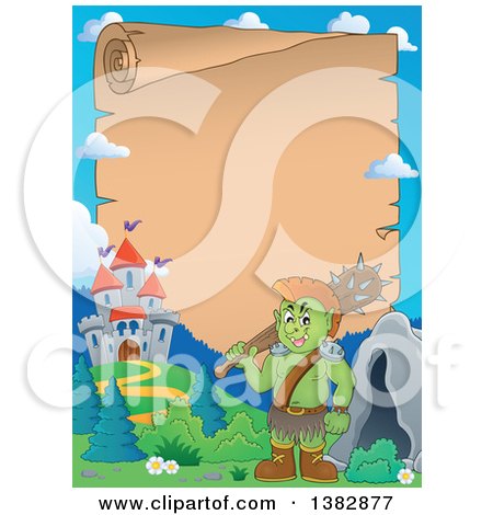 Clipart of a Green Orc Holding a Club over His Shoulder near a Castle, with a Parchment Scroll Page - Royalty Free Vector Illustration by visekart