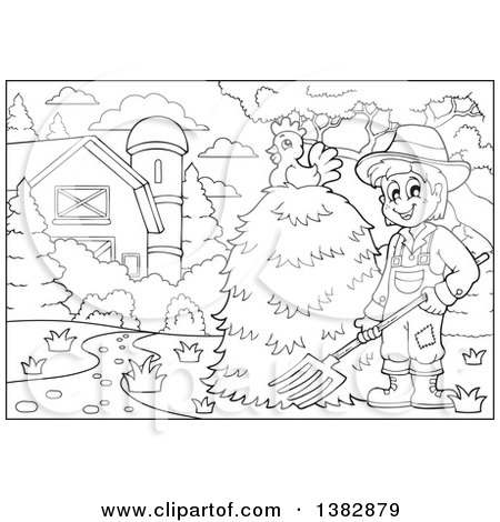 Clipart of a Black and White Lineart Farmer Raking Hay in a Barn Yard, a Hen on Top of the Stack - Royalty Free Vector Illustration by visekart