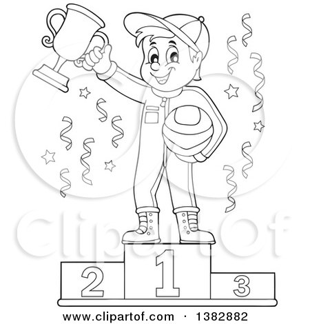 Clipart of a Black and White Lineart Race Car Driver Holding His Helmet and First Place Trophy on a Podium - Royalty Free Vector Illustration by visekart