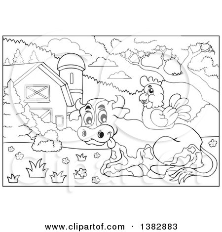 Clipart of a Black and White Lineart Chicken on a Cow in a Barnyard - Royalty Free Vector Illustration by visekart